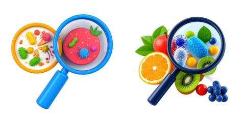 3D Plastic Style Icons Illustrating Bacteria Within Fruits Displayed Under Magnifying Glasses Over Transparent Background