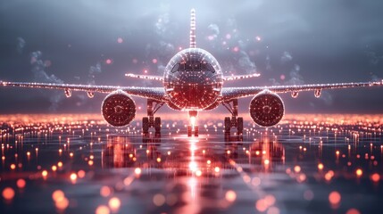 logistic plane sky concept. Futuristic airplane illuminated in a digital landscape at sunset.