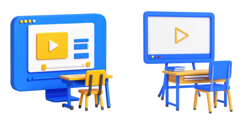 3D Plastic Style Icon of Digital Video Lecture with Blue Computer Screens Yellow Play Button White Background