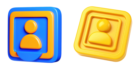 3D Plastic Style Icon Featuring Person Profile Avatar Isolated on Transparent Background Depicting User Interface Elements in Blue Orange and Yellow Tones