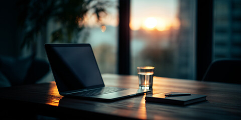 Modern laptop and workspace during sunset with reflection and glass of water