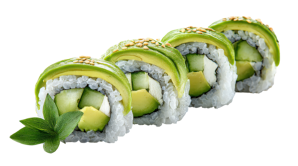 Row of Avocado Sushi Rolls  isolated on a Transparent or white Background