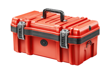Red plastic tool box, sturdy construction.  Features a handle, latches, and a lock