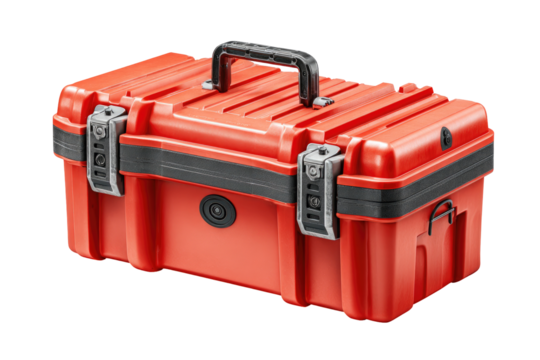 Red plastic tool box, sturdy construction.  Features a handle, latches, and a lock