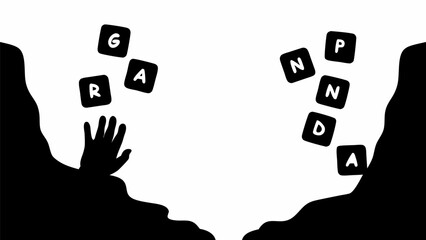 Silhouette of hand reaching for letters spelling grand, with letters spelling panda on the other side