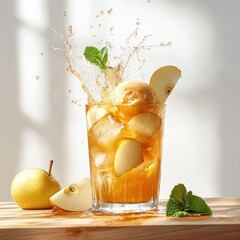 Fresh lemonade with ice and citrus fruits in a glass on white background