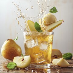 Fresh cold fruit cocktail with lime and mint in a glass for a healthy summer drink