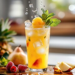 Fresh, healthy orange juice in a glass with ice and a slice of citrus on a white background, a refreshing fruit cocktail for breakfast