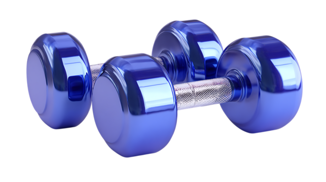 Two shiny blue dumbbells for fitness transparent PNG isolated background