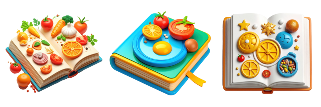 Vibrant 3D Plastic Style Gastronomy Book Icons Displaying Colorful Food Ingredients like Tomatoes Eggs Lemons and Stars on Transparent Background