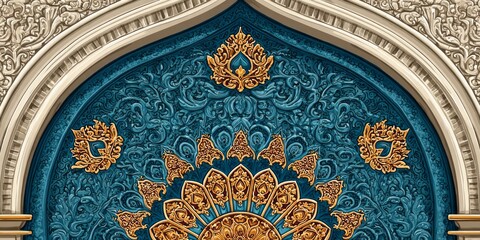 Ornate archway design features intricate gold and teal patterns.