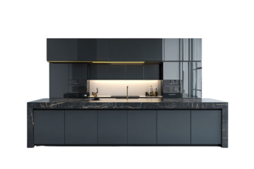 Modern, dark gray kitchen with a large island and accents of light gold