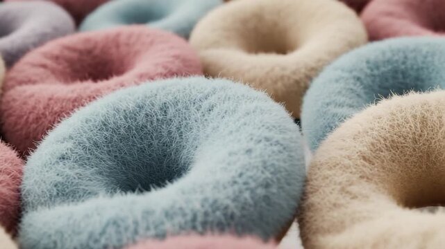 Colorful fuzzy donuts stacked in a playful arrangement
