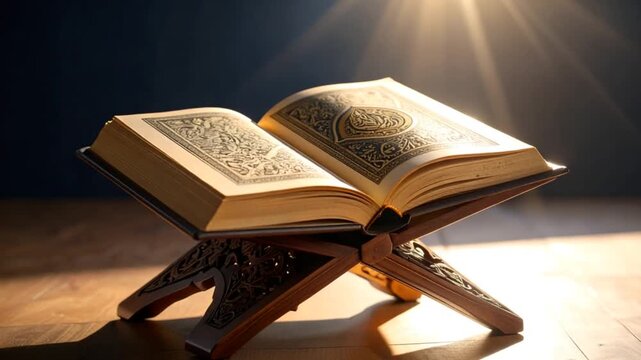 Open book on wooden stand illuminated by sunlight showing intricate text