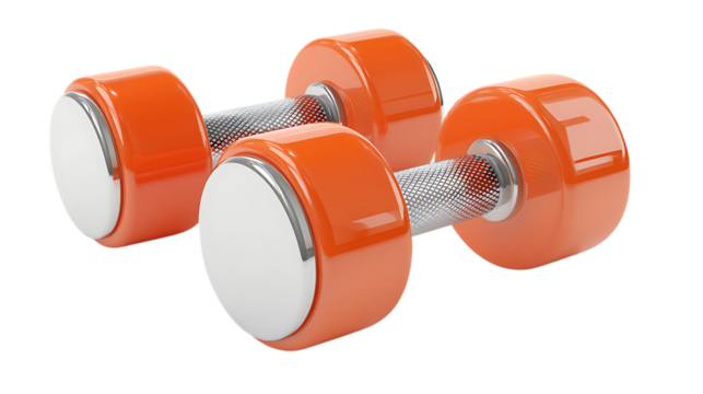 Pair of orange dumbbells with silver handles transparent PNG isolated background