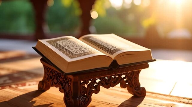 Open book on wooden stand illuminated by sunlight