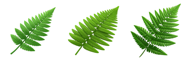 Three Dimensional Plastic Styled Green Fern Fronds Against Transparent Background Showing Intricate Leaf Details