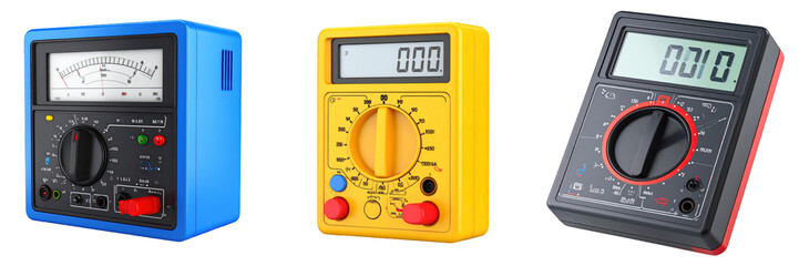 Three Dimensional Plastic Style Voltage Testers In Blue Yellow And Gray With Digital Displays Showing Values Against A Transparent Background