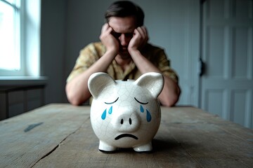 Woman distressed over financial problems holding head beside sad crying piggy bank on table