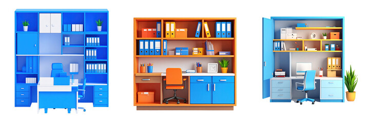Fototapeta premium Three Dimensional Plastic Style Office Set Design With Blue And Orange Hues Interior With Shelves Desks And Chairs Against A Transparent Background