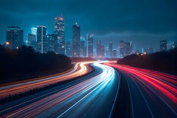 Fototapeta premium Night cityscape with illuminated skyscrapers and light trails on a highway.