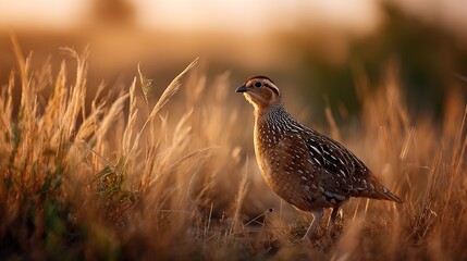 Obraz premium single francolin bird stands amidst dry golden grass during sunset wildlife