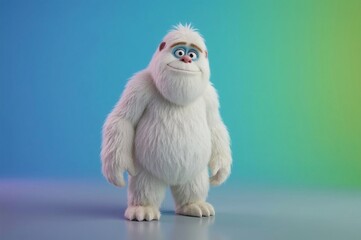 A charming, fluffy yeti with a friendly smile, standing against a vibrant gradient background