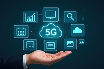 A hand holds a glowing 5G network interface, displaying various connected applications.