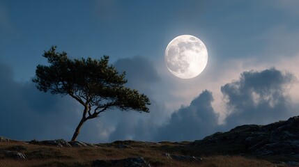 lone tree stands on  rocky hill beneath  bright full moon surrounded by atmospheric clouds creating  dramatic nocturnal landscape scene