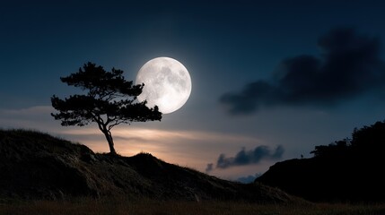 solitary pine tree silhouetted against  large full moon rising in  twilight sky with wispy clouds over grassy hills