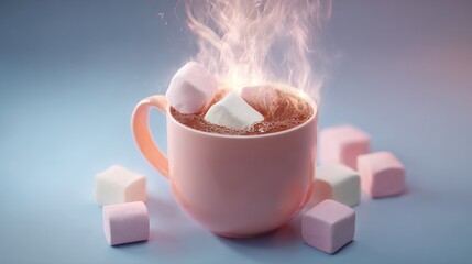 A steaming cup of hot chocolate topped with marshmallows, surrounded by colorful marshmallow cubes on a soft blue background.