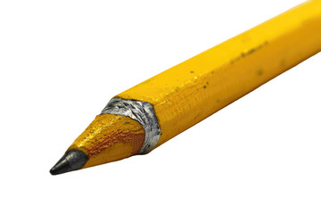 Close-up of a worn, used pencil point. The yellow wooden shaft tapers to a noticeably blunt, gray graphite point.  A band of metal or similar material is visible around the graphite.