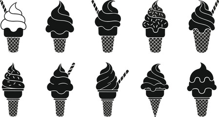 Vector ice cream cone silhouette set, soft serve dessert icons, summer sweet treat illustration, black and white clipart collection