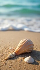 Fototapeta premium Close-up of seashells on a sandy beach, gentle waves lapping in the background, evoking a sense of tranquility and peaceful auditory relaxation , hearing, meditation