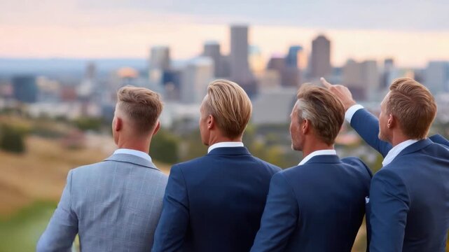 Visionaries in Silhouette: A quartet of sharply dressed figures, their backs to the viewer, surveys a sprawling cityscape against a picturesque backdrop, hinting at aspiration, collaboration.