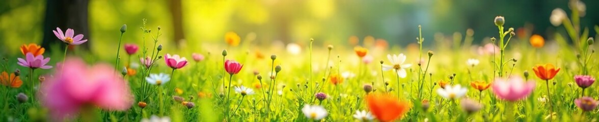 Fototapeta premium A vibrant spring meadow bursting with wildflowers, bathed in the warm sunlight of a perfect day, ideal for a picnic or leisurely stroll , blossom, stroll