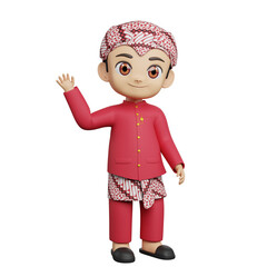 "3D render of traditional male character in red attire with patterned sarong and blangkon, waving gesture, cultural heritage clothing fashion design."
