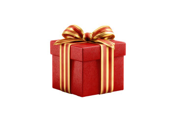 Red gift box with gold ribbon.  A square, red gift box with a golden ribbon bow.  Striped golden accents.  Isolated on black