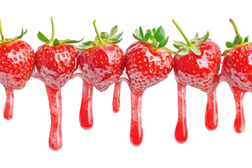 Juicy ripe strawberries dripping sweet syrup isolated on transparent background. Melt strawberry Jam dripping line from the top isolated on white background.