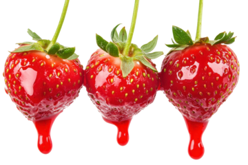 Ripe strawberries dripping with juice isolated on transparent background. Melt strawberry Jam dripping line from the top isolated on white background.