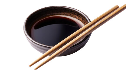 Soy Sauce in a Bowl with Chopsticks isolated on a Transparent or white Background