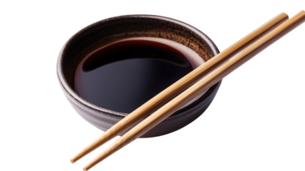 Soy Sauce in a Bowl with Chopsticks isolated on a Transparent or white Background