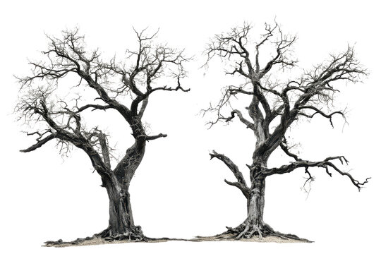 Gnarled bare trees isolated on transparent background. Old dead spooky trees isolated on white background.