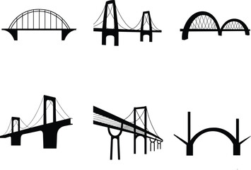 Bridge silhouettes, suspension bridge, arch bridge, cable stayed bridge, vector icons, civil engineering, architecture design, transportation, infrastructure, construction, skyline, landmark,