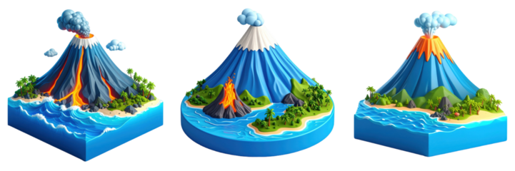 Three Dimensional Isometric Illustration of Volcanic Islands with Ocean and Erupting Volcanoes in Vibrant Colors and Plasticine Style with Transparent Background