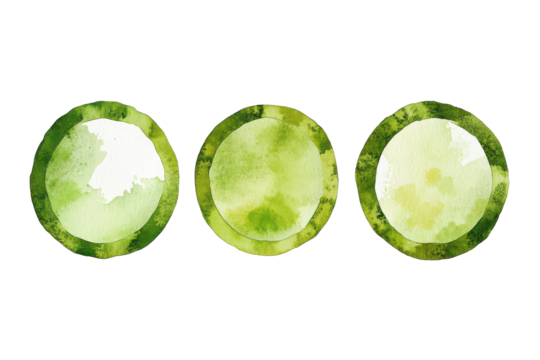 Olive green gemstones isolated on transparent background. Olive green round circle ring shape set of watercolor texture isolated on white background.