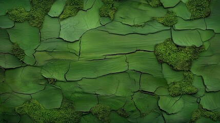 A vibrant green textured background mimicking cracked bark or peeling paint, with patches of moss adding organic detail and creating a rich, natural surface with depth and imperfections.
