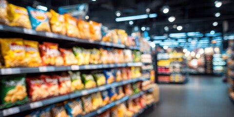 Blurry supermarket aisle with snack food displays