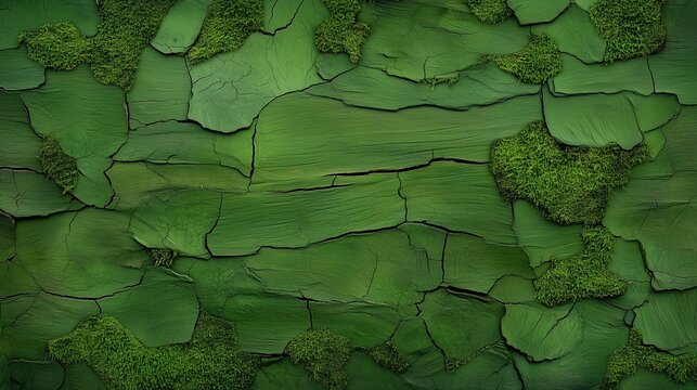 A vibrant green textured background mimicking cracked bark or peeling paint, with patches of moss adding organic detail and creating a rich, natural surface with depth and imperfections.