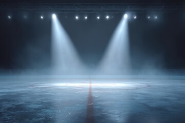 Empty ice hockey rink, spotlights, dark